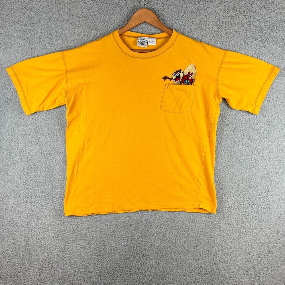 Vintage 1991 Looney Tunes T Shirt Yellow Taz & Yosemite Sam Acme Clothing Pocket